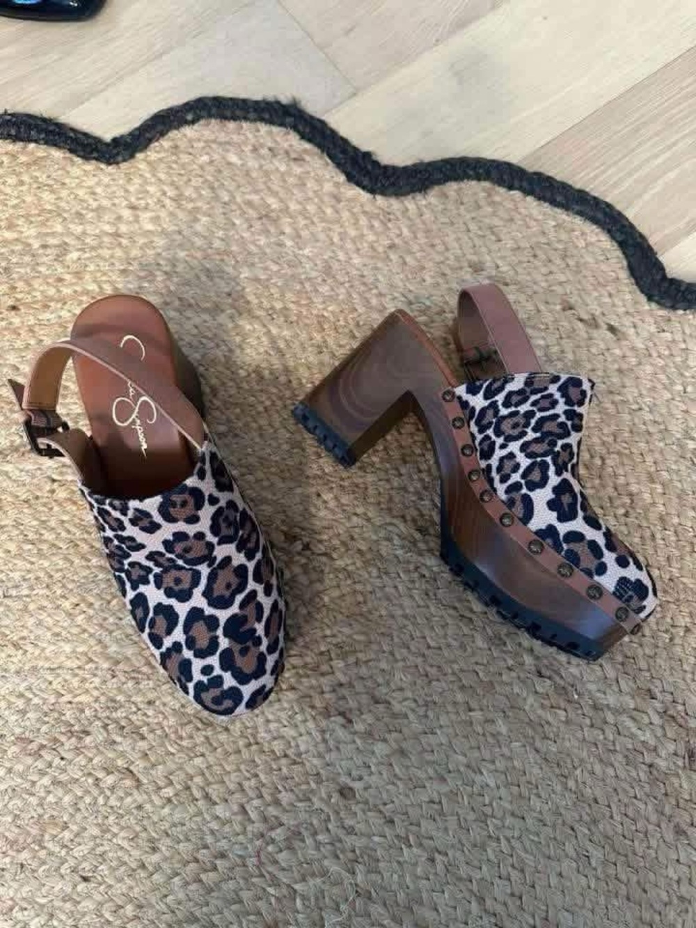 Jessica Simpson Leopard Print Slingback Clogs with Brown Wood Platform